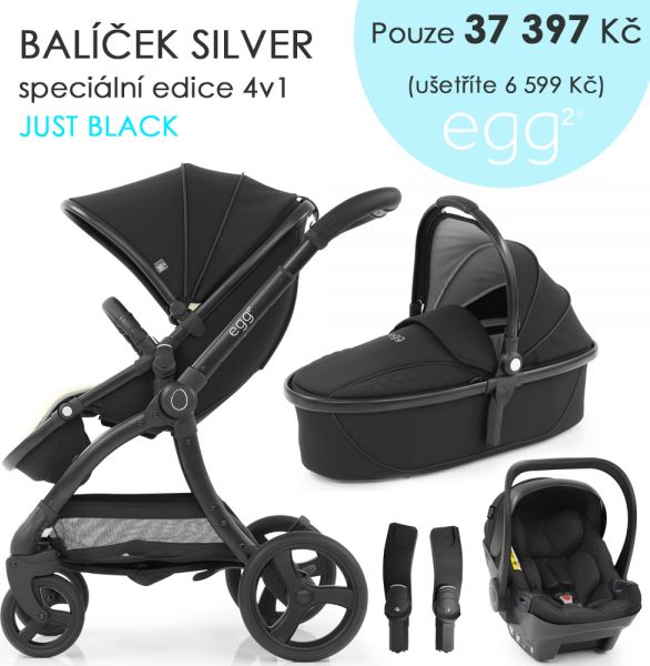 Egg 2 SET SILVER 4 v 1 JUST BLACK/Black mat - speciální edice, kočárek, korba, autosedačka, multiadaptér - obrázek 1