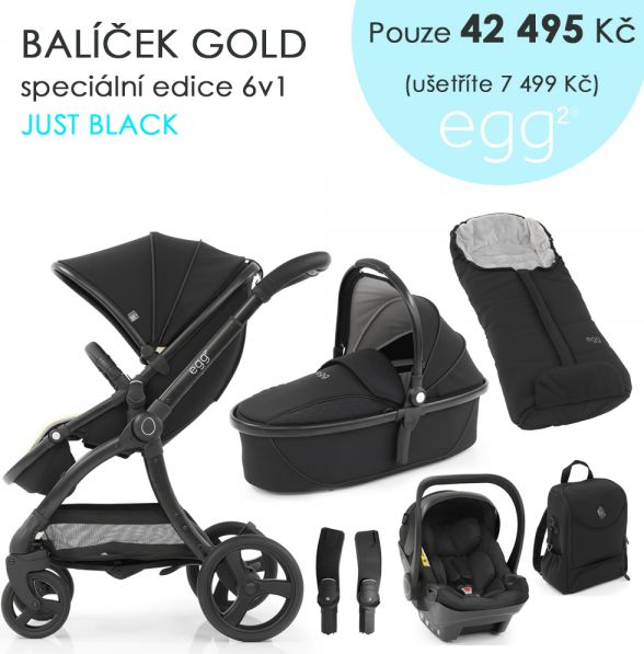 Egg 2 SET GOLD 6 v 1 JUST BLACK / Black mat - speciální edice, kočárek, korba, autosedačka, multiadaptér, batoh, fusak - obrázek 1