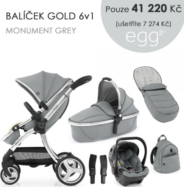 Egg 2 SET GOLD 6 v 1 MONUMENT GREY / Mirror, kočárek, korba, autosedačka, multiadaptér, batoh, fusak - obrázek 1