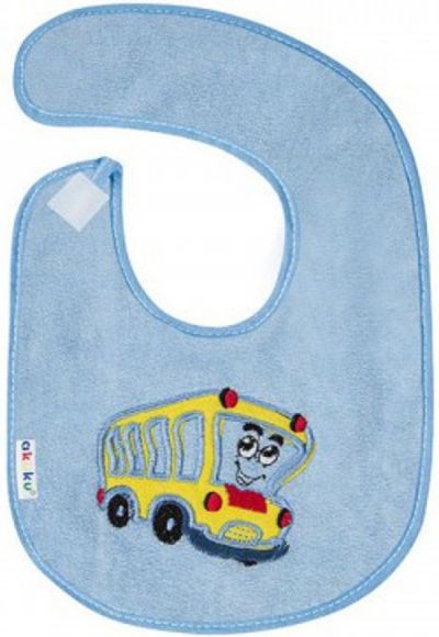 Dětský froté bryndák Akuku modrý s autobusem - obrázek 1