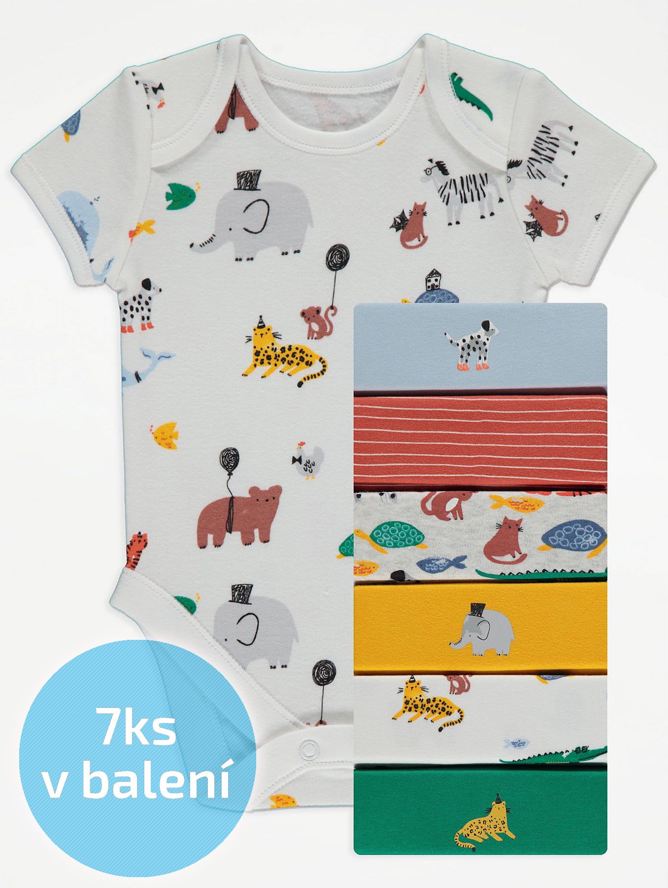 Kojenecké body GEORGE, 7ks v balení, klučičí, krátký rukáv, motiv safari Velikost: 56 - 62cm (0 - 3 měsíce) - obrázek 1