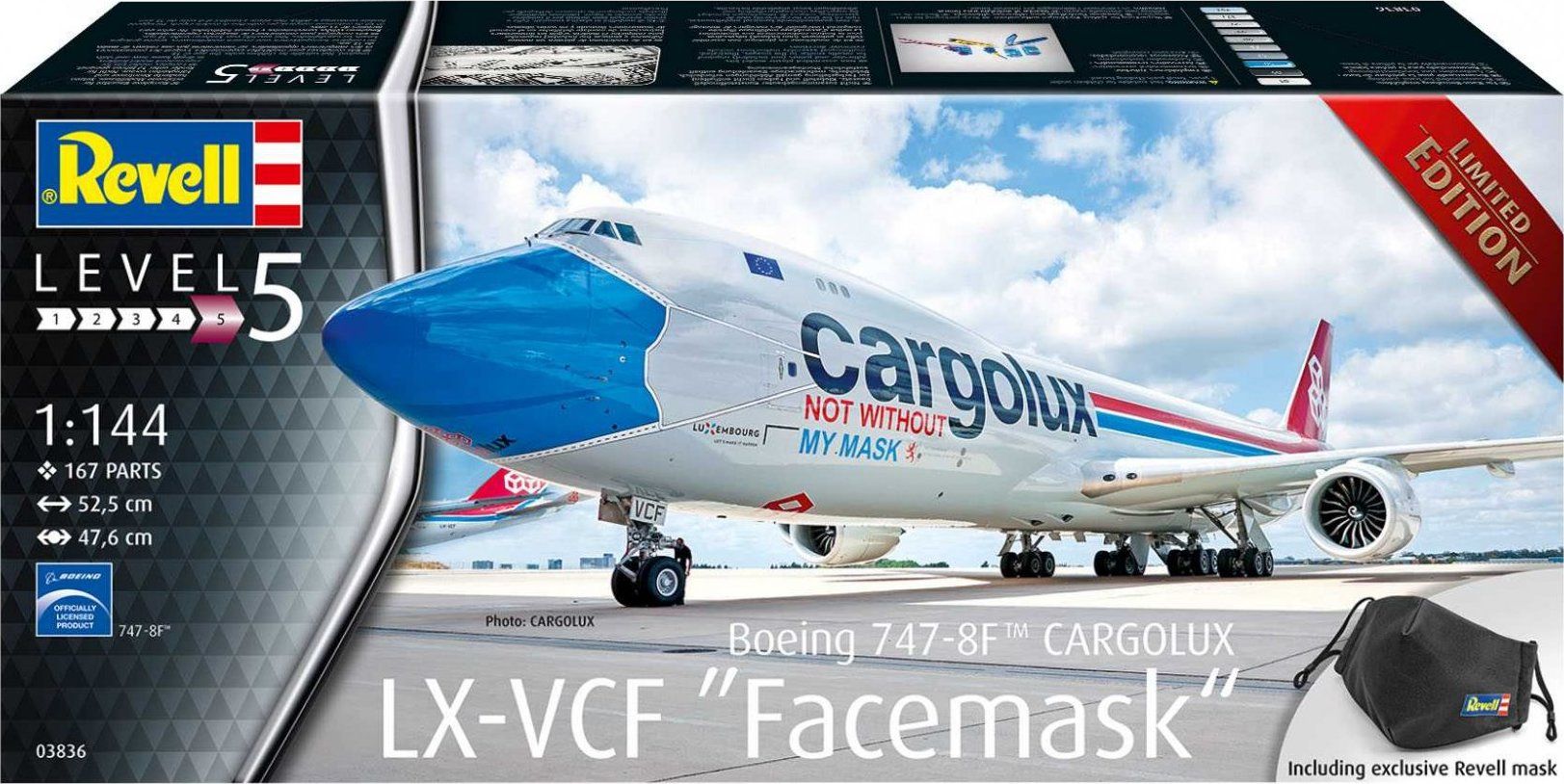 REVELL Plastic ModelKit letadlo 03836 - Boeing 747-8F CARGOLUX LX-VCF "Facemask" (1:144) - obrázek 1
