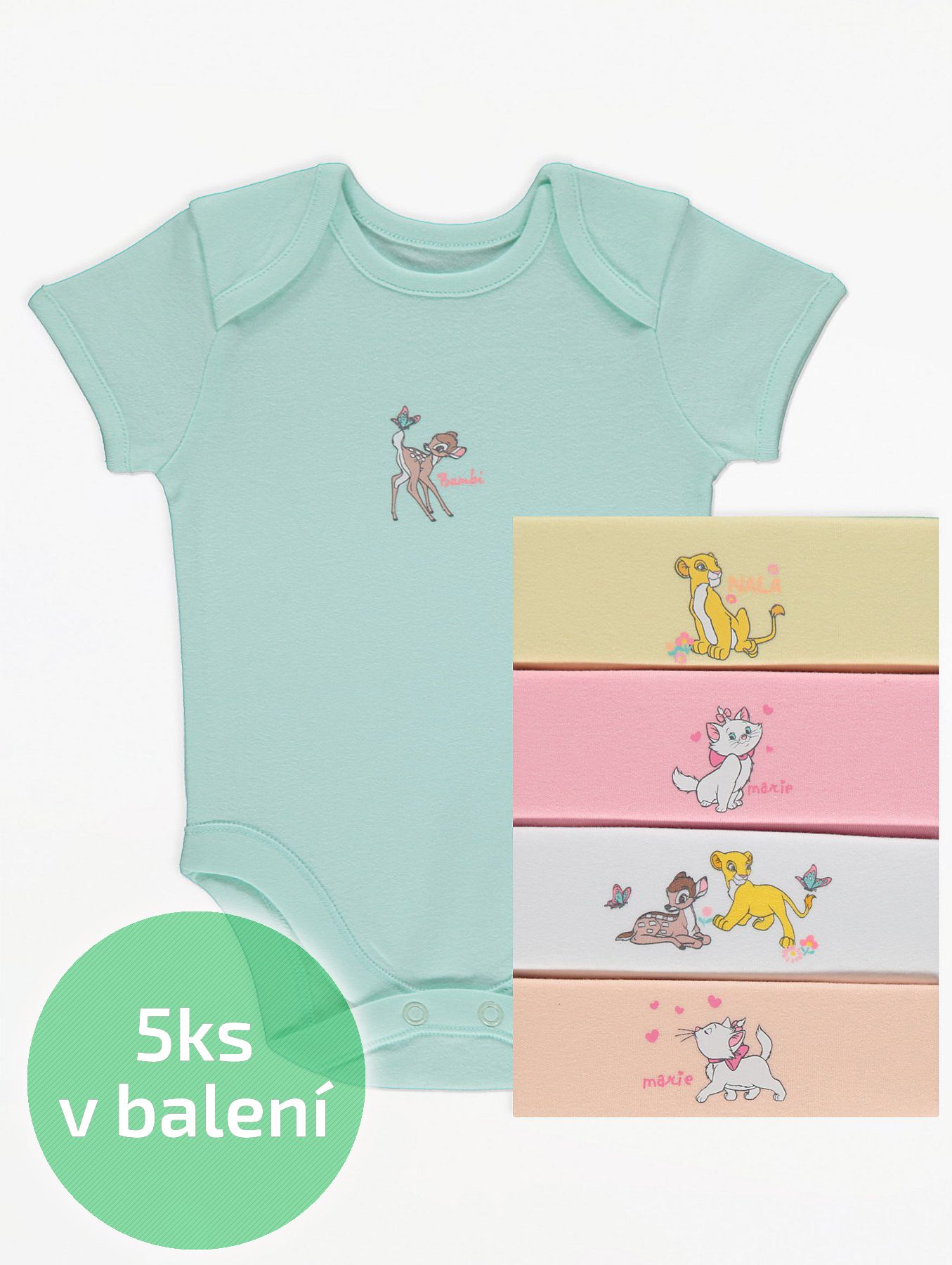Kojenecké body GEORGE, 5ks v balení, krátký rukáv, motiv Disney postavičky Velikost: 56 - 62cm (0 - 3 měsíce) - obrázek 1