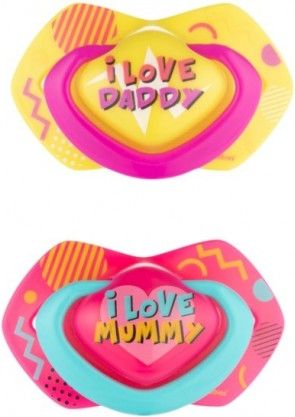 Canpol Babies 2 ks symetrických silikonových dudlíků, 6-18m, Neon Love Baby, růžovo, žluté - obrázek 1