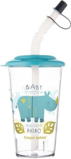 Canpol Babies Pohárek s uzavíratelnou slámkou, Rhino, modrá, 320 ml - obrázek 1