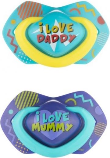 Canpol Babies 2 ks symetrických silikonových dudlíků, 0-6m, Neon Love Baby, modré - obrázek 1