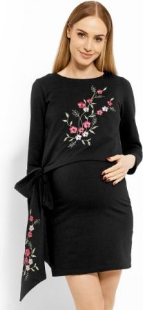Elegantní těhotenské šaty, tunika s výšivkou a stuhou - černé (kojící) - obrázek 1