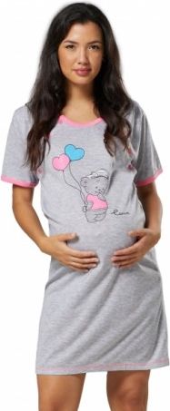 Be MaaMaa Těhotenská, kojící noční košile Medvídek - šedá/světle růžová - obrázek 1