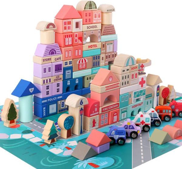 iMex Toys Dřevěné kostky s podložkou Veselé město 115ks - obrázek 1