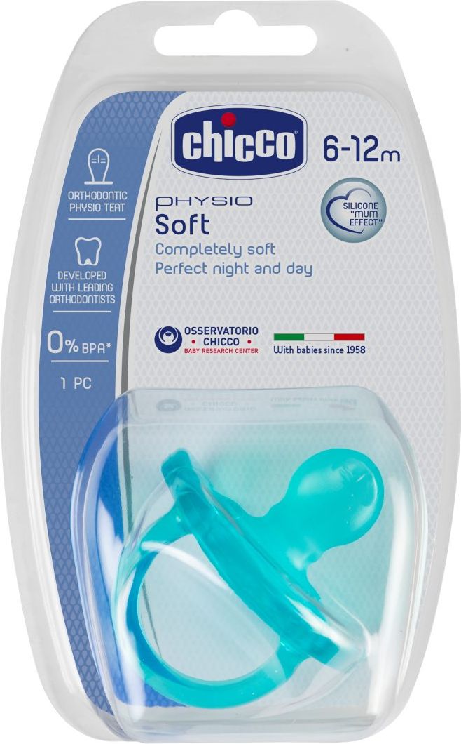 Chicco Šidítko Physio Soft celosilikónové, 6-12m+, modré 1 ks - obrázek 1
