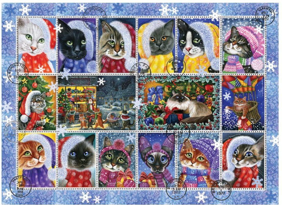 AnaTolian Puzzle Kočičí vánoční známky 1000 dílků - obrázek 1