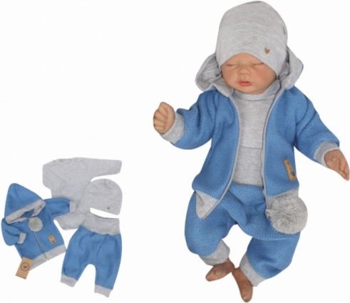 Z&Z 4-dílná pletená soupravička, kabátek, tepláčky, čepička a body, modrá-šedá - obrázek 1