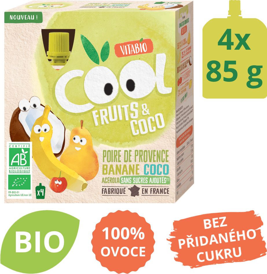 Ovocné BIO kapsičky 4x85g Vitabio Cool Fruits kokos, hruška, banán a acerola - obrázek 1