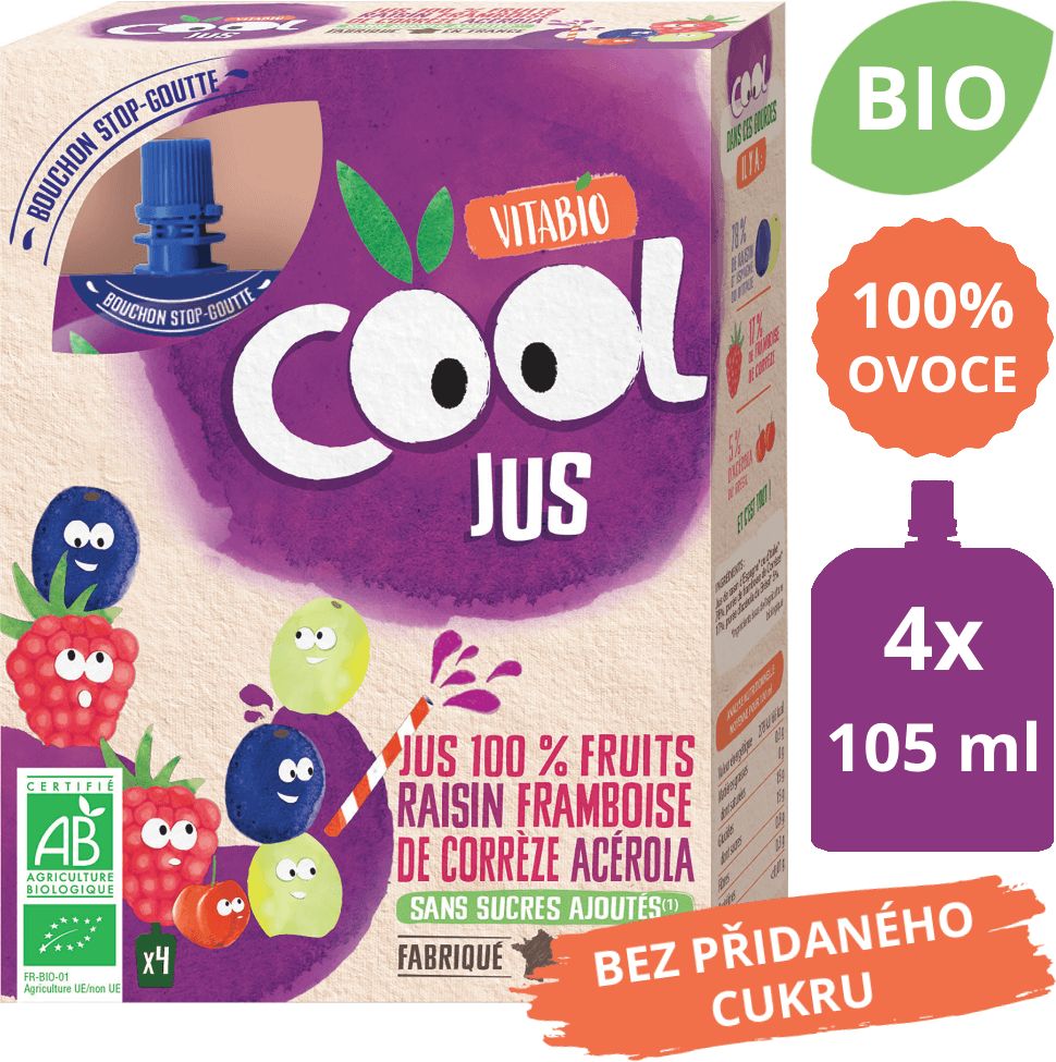 Ovocné BIO kapsičky 4x105ml Vitabio Cool Jus hroznové víno, malina a acerola - obrázek 1