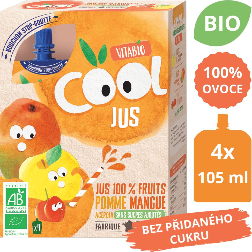 Ovocná BIO kapsička 4x105ml Vitabio Cool Jus jablko, mango a acerola - obrázek 1