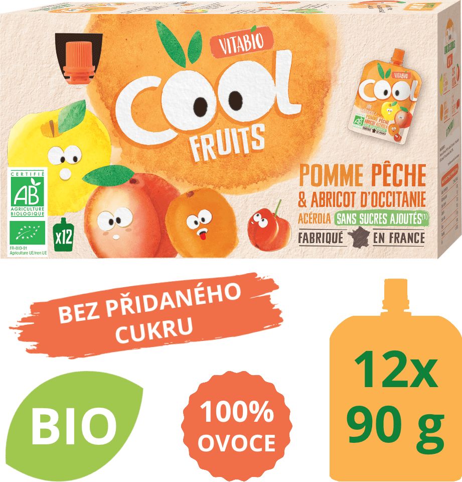 Ovocné BIO kapsičky 12x90g Vitabio Cool Fruits jablko, broskev, meruňka a acerola - obrázek 1