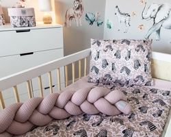 Mantinel copánkový kolem celé postýlky VAFLE - ZEBRA LUX pudrově růžový - BabyNellys - obrázek 2