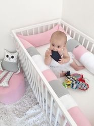Mantinel kolem celé postýlky 4-dílný fleece - VÁLEC bílo-šedo-růžový - Ivemababy - obrázek 1