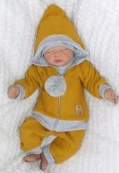 Souprava kojenecká 4-dílná bavlna - PLETENÁ S BAMBULKOU hořčicovo-šedá - vel.56 - obrázek 3