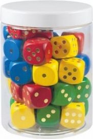 Hrací kostky barevné dřevo společenská hra 25mm 34 ks v plastové dóze 10x14cm 12m+