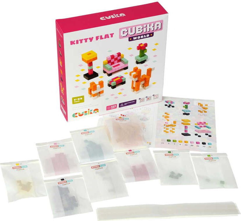 CUBIKA DŘEVO Pixel Stavebnice 3D Pokojík s kočičkou 200 dílků 1x1cm - obrázek 3