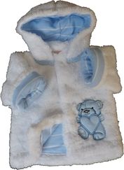Bundička/Kabátek podšitý chlupáčkový - MEDVÍDEK bílý a modré pruhy - vel.56 - obrázek 1
