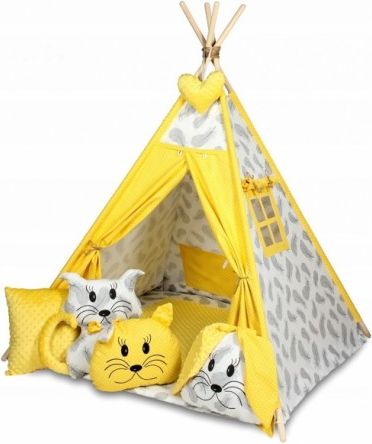 Baby Nellys Stan pro děti týpí s velkou výbavou, čtyři polštářky + podložka, šedá, žlutá - obrázek 1