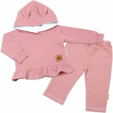 BABY NELLYS Dětská tepláková souprava s kapucí a oušky, pudrově růžová, starorůžová, Velikost koj. oblečení 74 (6-9m) - obrázek 1