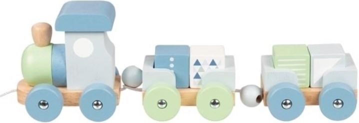 Goki Goki Edukační dřevěná hračka tahací Vláček s kostkami na šňůrce, modro/zelené - obrázek 1