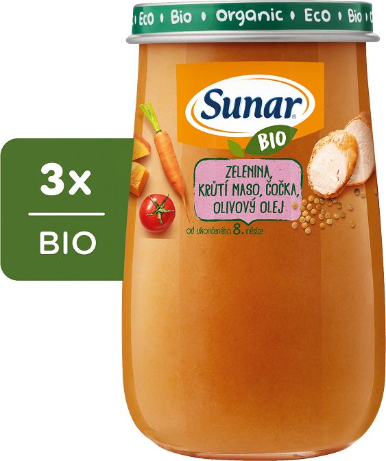 3x SUNAR BIO Zelenina, krůtí maso, čočka, olivový olej 190 g - obrázek 1
