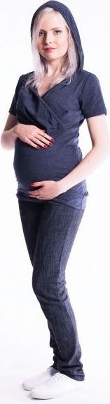 Těhotenské a kojící triko s kapucí, kr. rukáv - jeans - S/M - obrázek 1