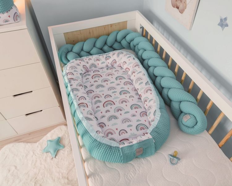 Baby Nellys Oboustranné hnízdečko, kokon Vafel, bavlna LUX, 60 x 90 cm - Duha, tyrkys - obrázek 1