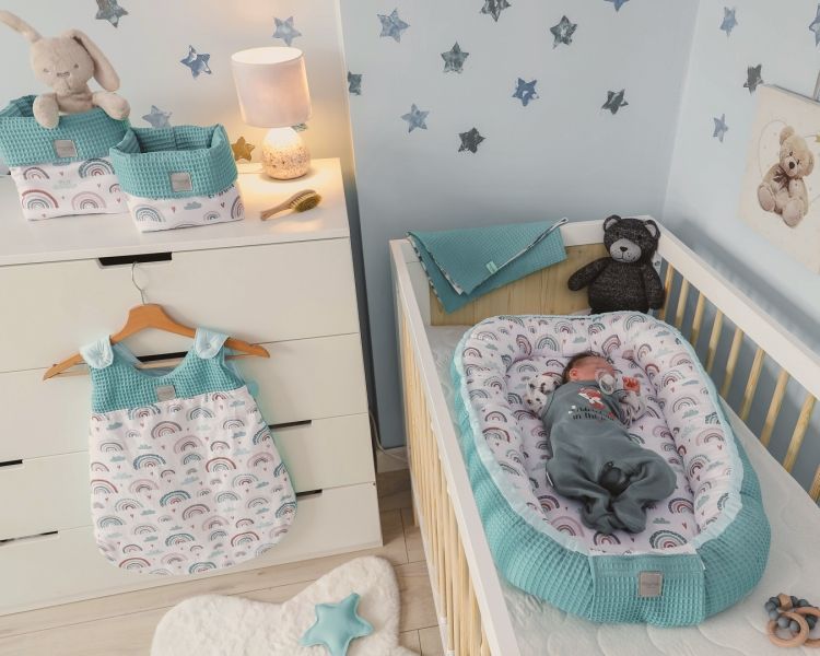 Baby Nellys Oboustranné hnízdečko, kokon Vafel, bavlna LUX, 60 x 90 cm - Duha, tyrkys - obrázek 2
