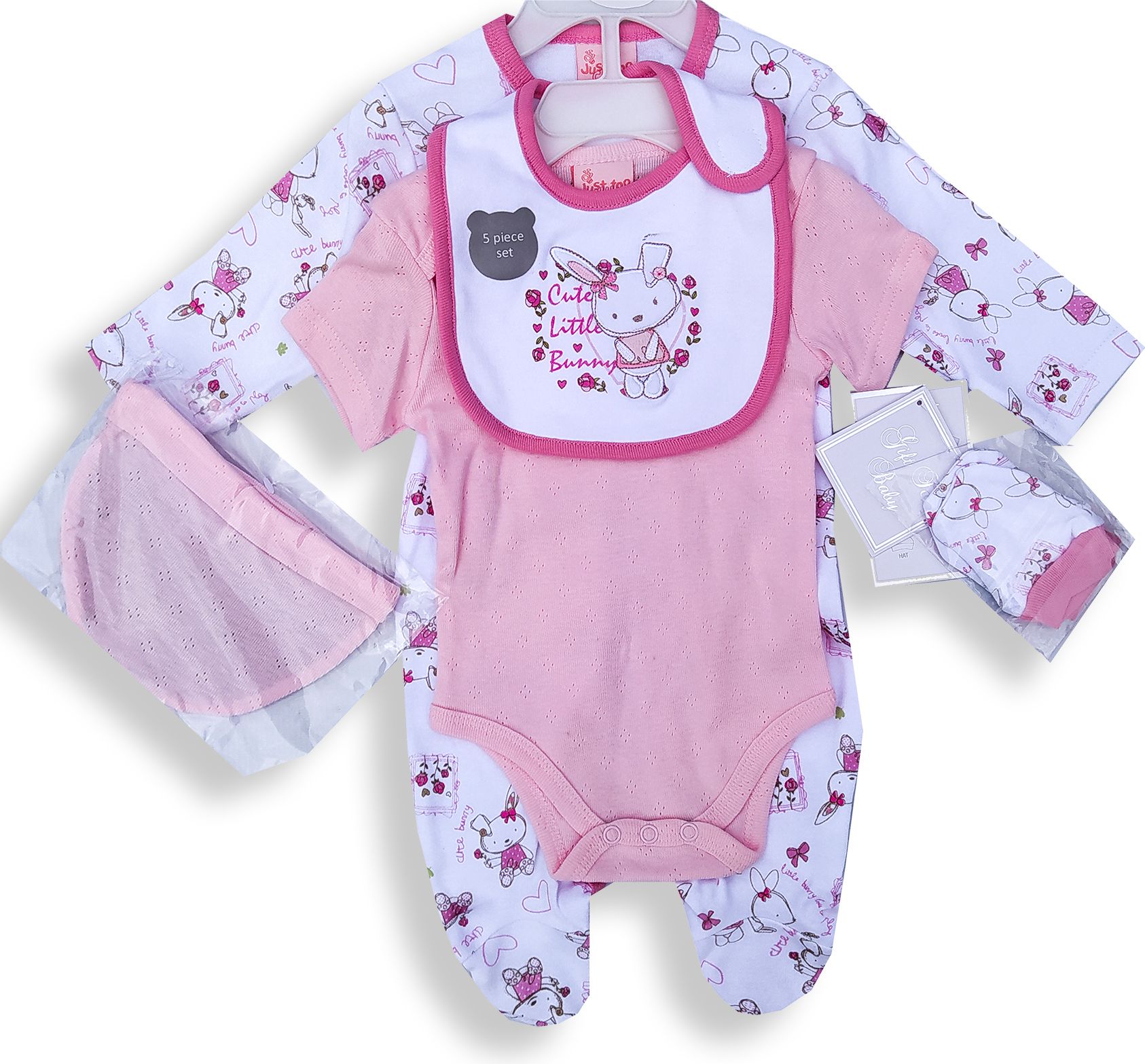 Just Too Cute Souprava pro miminka bílo růžová zajíček 5 dílů Velikost: 62 - obrázek 1