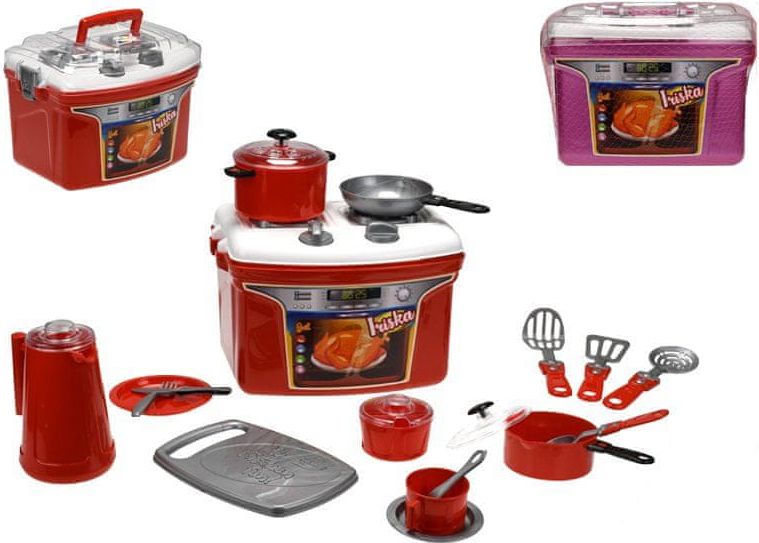 Přenosný kuchyňský set Iriska - sporák s nádobím (červená, růžová) - obrázek 1