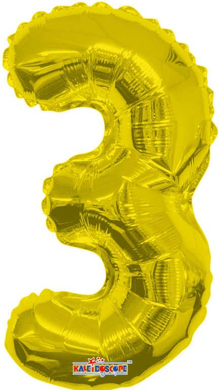 Party balonek nafukovací 35cm Číslice 3 zlatý malý foliový plnění vzduchem - obrázek 1