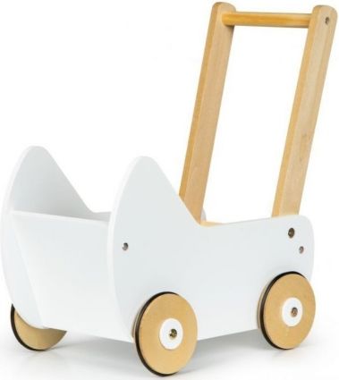ECO TOYS Dřevěný kočárek pro panenky - bílý