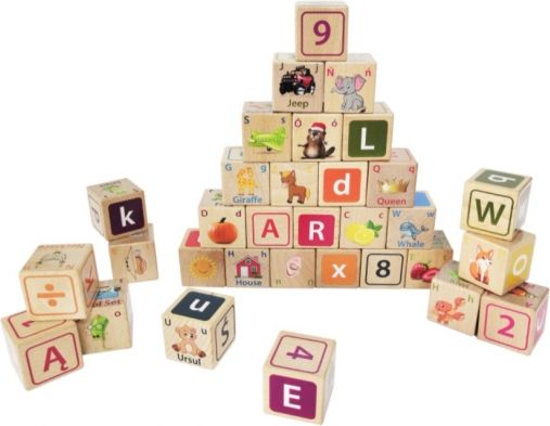 Dřevěné kostky ECO TOYS 32 ks - číslice, písmenka, obrázky