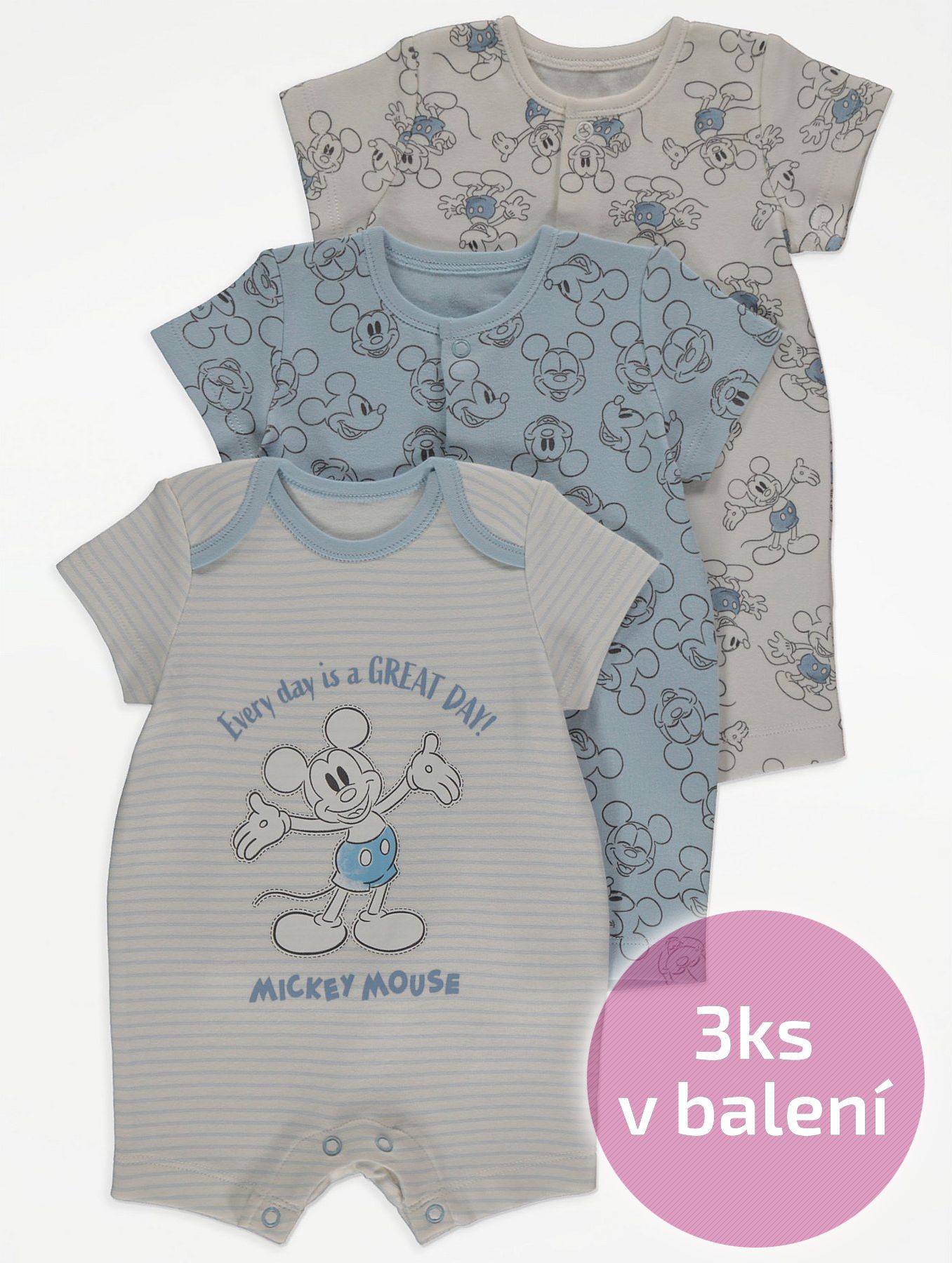 Kojenecký overal GEORGE, 3ks v balení, motiv Mickey Mouse Velikost: 56 - 62cm (0 - 3 měsíce) - obrázek 1