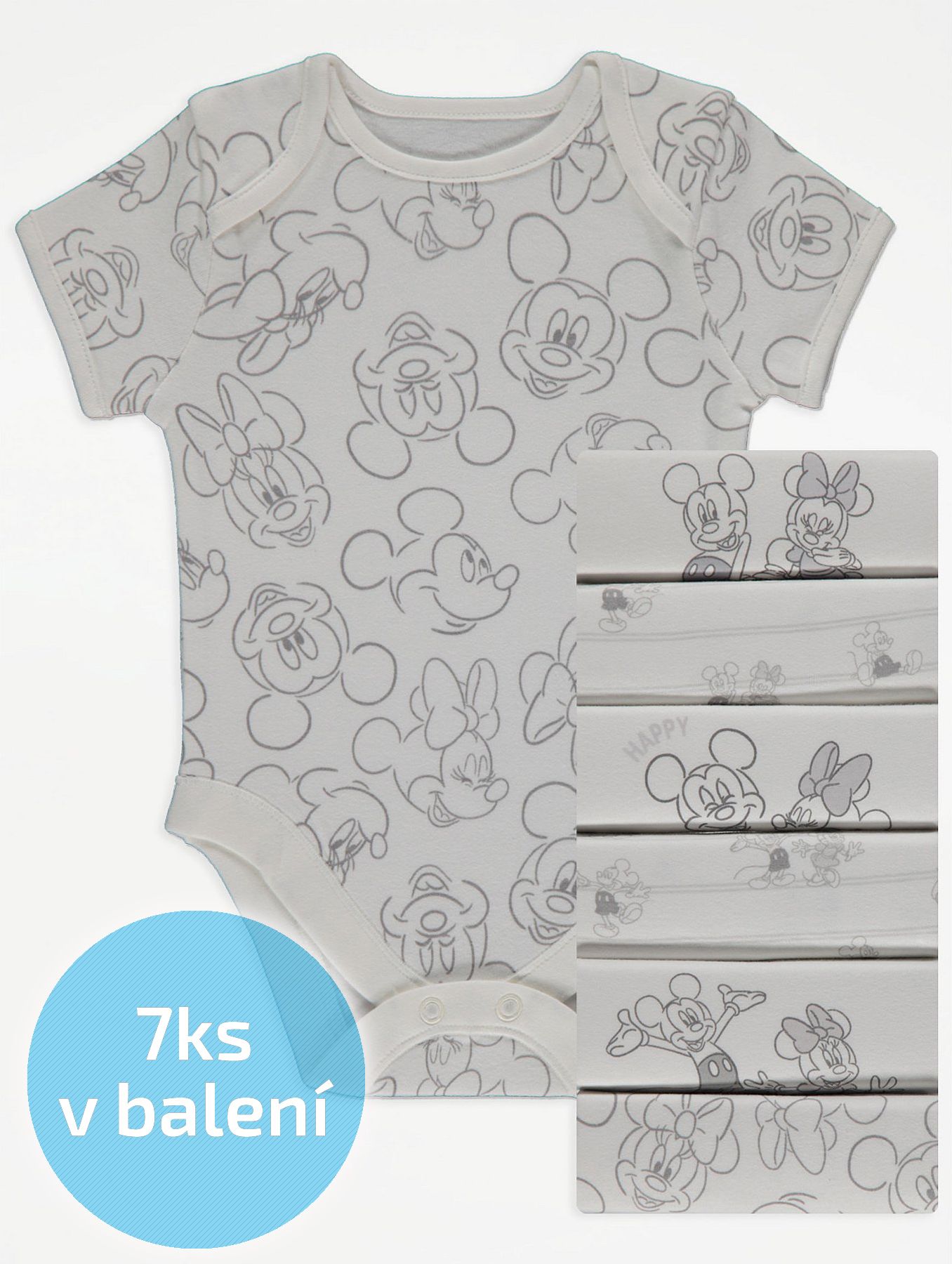 Kojenecké body GEORGE, 7ks v balení, motiv Mickey a Minnie Mouse Velikost: 56 - 62cm (0 - 3 měsíce) - obrázek 1