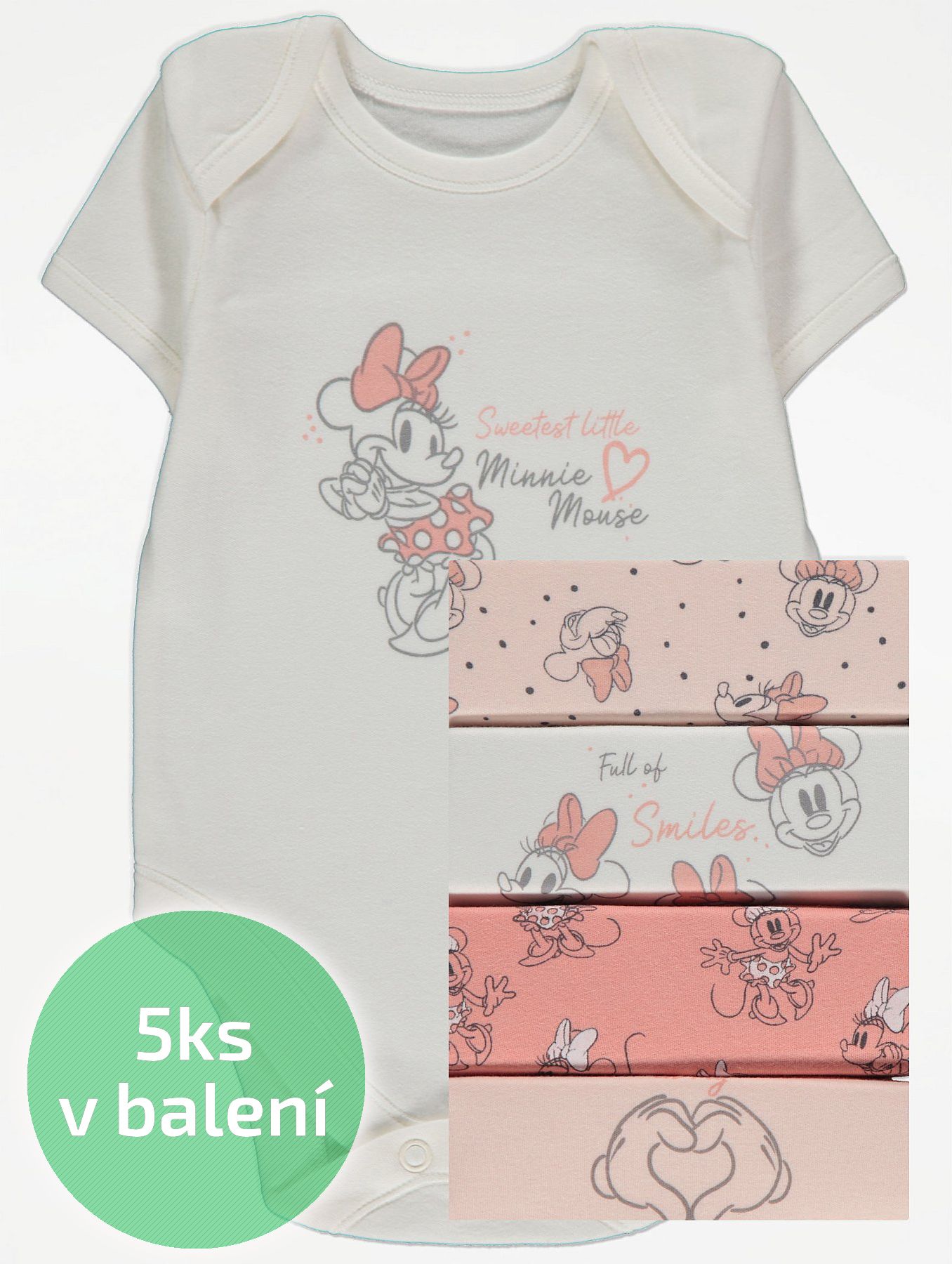 Kojenecké body GEORGE, 5ks v balení, krátký rukáv, motiv Minnie Mouse Velikost: 56 - 62cm (0 - 3 měsíce) - obrázek 1
