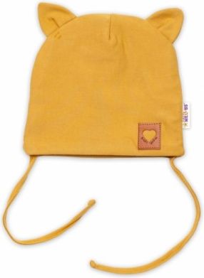 Baby Nellys Bavlněná dvouvrstvá čepice s oušky na zavazování FOX - hořčicová, Velikost koj. oblečení 68-74 (6-9m) - obrázek 1