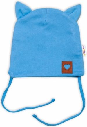 Baby Nellys Bavlněná dvouvrstvá čepice s oušky na zavazování FOX - modrá, Velikost koj. oblečení 68-74 (6-9m) - obrázek 1