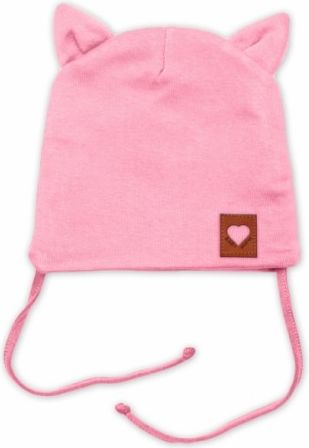 Baby Nellys Bavlněná dvouvrstvá čepice s oušky na zavazování FOX - růžová, Velikost koj. oblečení 68-74 (6-9m) - obrázek 1