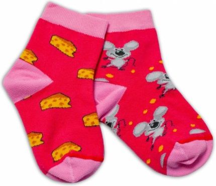 Baby Nellys Bavlněné veselé ponožky Myška a sýr - tmavě růžová, Velikost koj. oblečení 17-18 vel. ponožek - obrázek 1