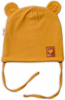 Baby Nellys Bavlněná dvouvrstvá čepice s oušky na zavazování TEDDY - hořčicová, Velikost koj. oblečení 68-74 (6-9m) - obrázek 1