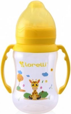 Kojenecká lahvička Lorelli 250 ml s širokým hrdlem a oušky ANIMALS YELLOW - obrázek 1