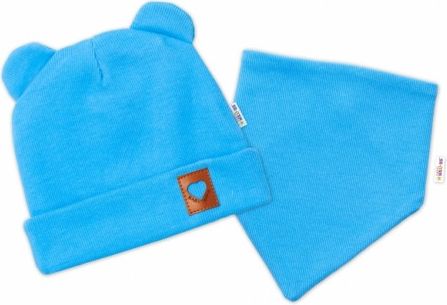 Baby Nellys Žebrovaná dvouvrstvá čepice s oušky + šátek TEDDY - modrá, Velikost koj. oblečení 68-74 (6-9m) - obrázek 1