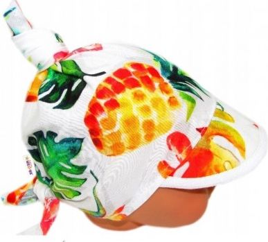 Baby Nellys Dětský bavlněný šátek s kšiltem na zavazování, Ananas, listy - bílý - obrázek 1
