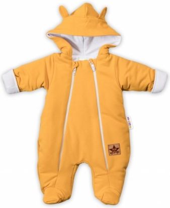 Baby Nellys Kombinézka s dvojitým zapínáním, s kapucí a oušky TEDDY - hořčicová, Velikost koj. oblečení 56 (1-2m) - obrázek 1